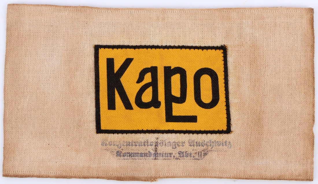 WWII GERMAN CONCENTRATION CAMP KAPO ARMBAND: Unusual multi-piece armband, very good original condition, does not fluoresce. Auschwitz stamped. Unauthenticated and sold as is. 0
