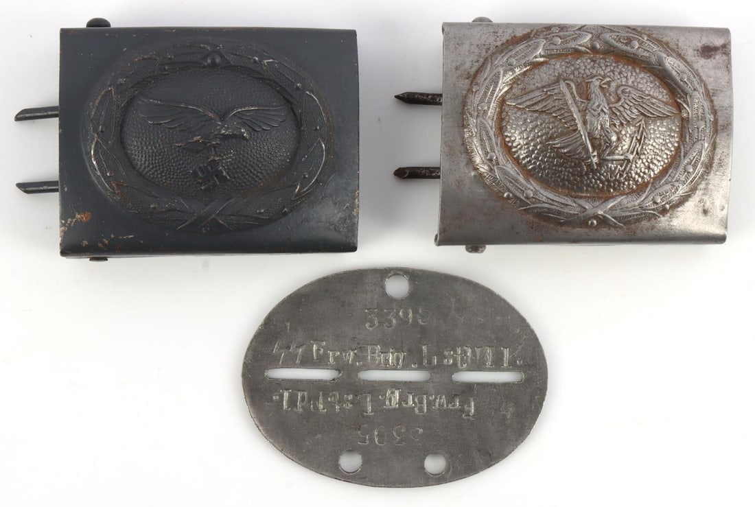 3 WWII GERMAN REICH LUFTWAFFE & PRUSSIAN BUCKLES: Lot of three (3) WWII German Reich items including two belt buckles and one dog tag. Buckles include a Luftwaffe Enlisted Men belt buckle(marked, Dr. F. & Co.), a Prussian State Police buckle. Both ar