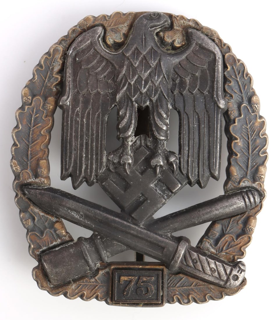 WWII GERMAN THIRD REICH GENERAL ASSAULT BADGE 75: Displays NSDAP eagle and insignia, c-catch pin, with reverse of eagle. Measures 2 1/8 inches. Very good condition. Unauthenticated, sold as is. 0