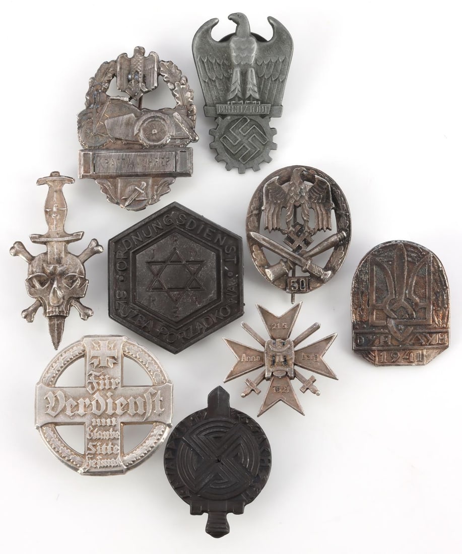 LOT OF 9 WWII GERMAN BADGES ASSAULT SS POLICE: Lot of 9 various WWII German badges. Includes Army General Assault, Army Military Motorcyclist, Warsaw Police, Ukrainian Volunteers, Dr. Fritz Todt Prize, SS Stormtrooper, SS Volunteers North Europe, 