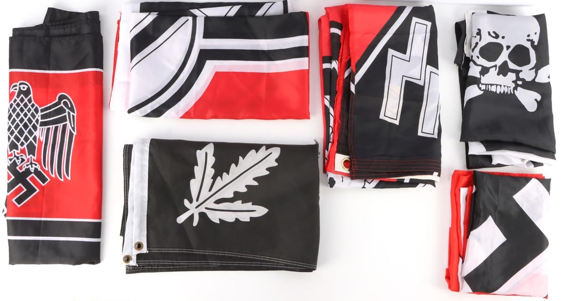 6 WWII GERMAN REICH SS & HITLER YOUTH NYLON FLAGS: Post-war production. Lot of six (6) WWII German Reich nylon flags including SS runes, Hitler Youth, NSDAP, and Totenkopf skulls. Flag sizes are approx. 34 inches by 60 inches. Flags are in good condit