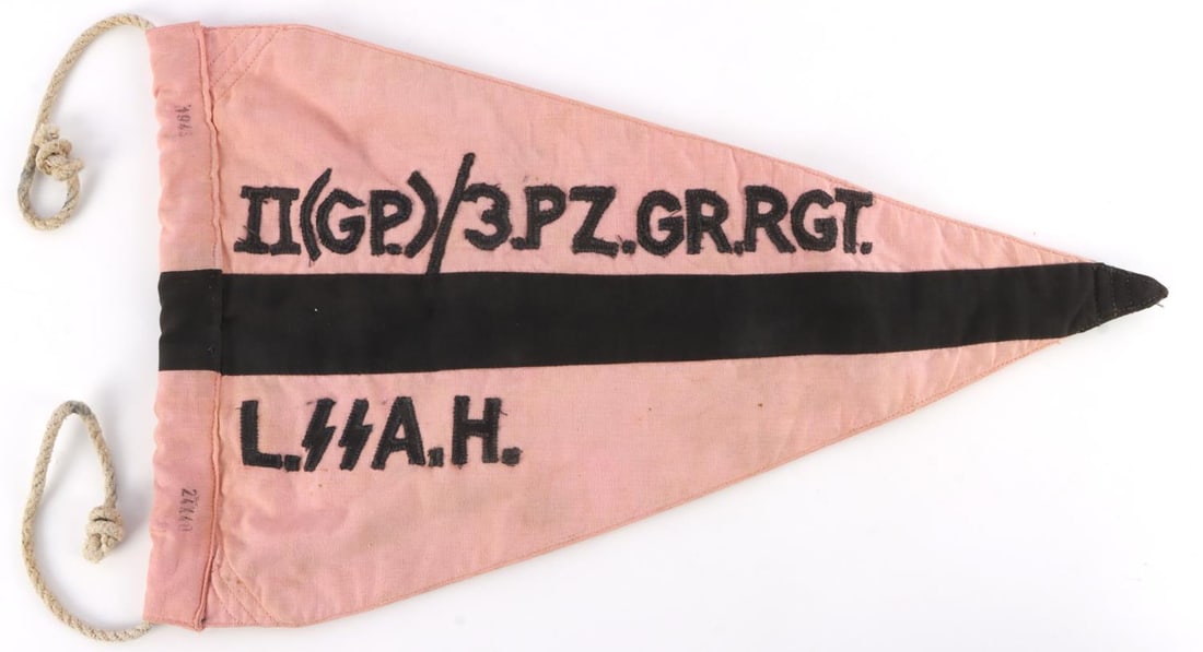 WWII GERMAN SS PANZER REGIMENT PENNANT: Multi-piece each symbol done alone, 24 x 40 cm on hoist. 1943 date, very good non fluorescing condition. 0