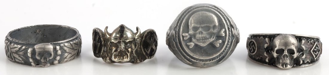 LOT OF 4 WWII GERMAN THIRD REICH RINGS: Lot of 4 rings. Includes SS secret society Ahnenerbe ring with runes engraved on interior, SS honor ring with awardee engraved on interior, Waffen SS division Totenkopf ring and Waffen SS Wiking ring.