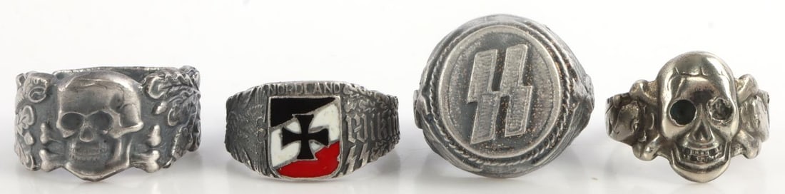 LOT OF 4 WWII GERMAN THIRD REICH RINGS: Lot of 4 rings. Includes Waffen SS Wiking ring, SS Totenkopf anti-Partisan warfare ring, Waffen SS rune ring and SS Totenkopf ring. Unauthenticated, sold as-is. 0