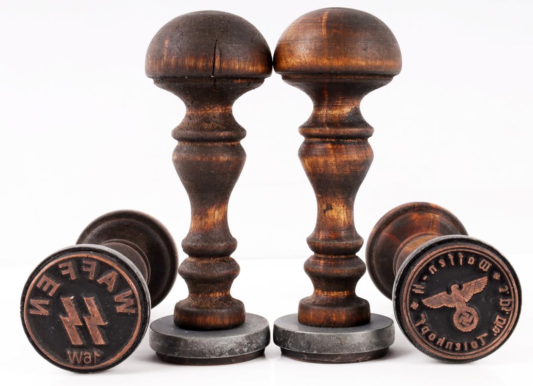 4 WWII THIRD REICH WAFFEN SS HAND STAMP LOT: Lot of 4 hand stamps. Includes Waffen SS, Waffen SS Berlin Headquarters, SS Wewelsburg Academy Library, Waffen SS Division Totenkopf. Unauthenticated, sold as-is. 0