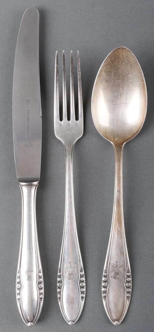 LOT 4 ADOLF HITLER AH MONOGRAM WELLNER SILVERWARE: Butter knife fork and serving spoon AH monogram aside Reichsadler. 0