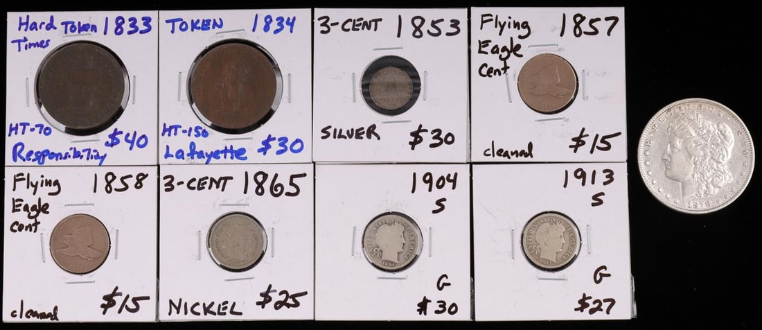 19TH CENTURY US TOKEN & US MINTED COIN LOT OF 8: Varied mix includes 2 Hard Times Tokens in nice XF or better condition with 1833 Responsibility HT-70, 1834 Lafayette HT-150 both in nice XF or better. Flying Eagle Cents of 1857 and 1858. 1853 silver