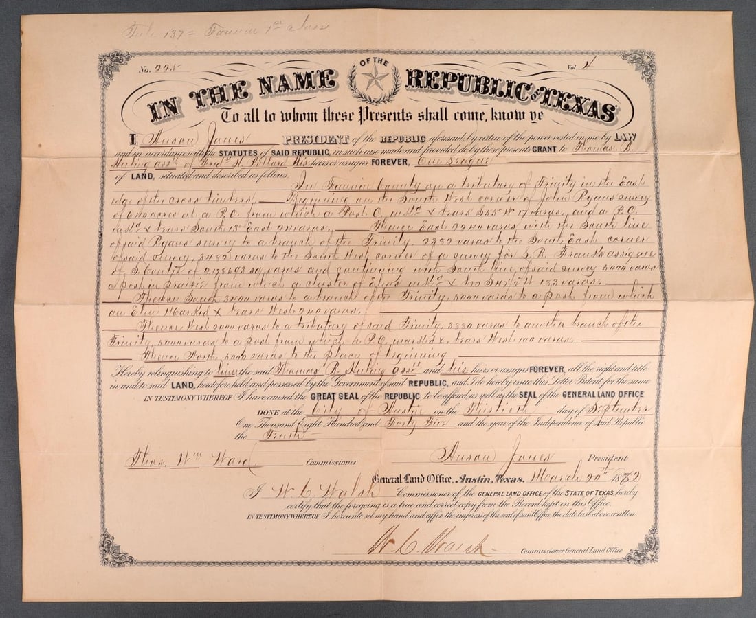 1845 ANSON JONES PESIDENT REPUBLIC OF TEXAS DOC.: Land grant signed by Anson Jones as President, in the City of Houston, 13th Day of September, 1845, very good original condition, on heavy paper, measures 17 X 14 inches. However the date by Jones sig