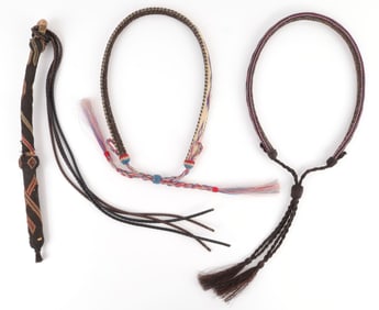 LOT OF 3 VINTAGE HORSE HAIR WHIP AND HAT BANDS