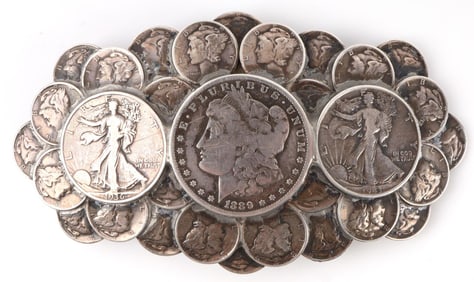 US SILVER COIN OLD PAWN SOUTHWESTERN BELT BUCKLE