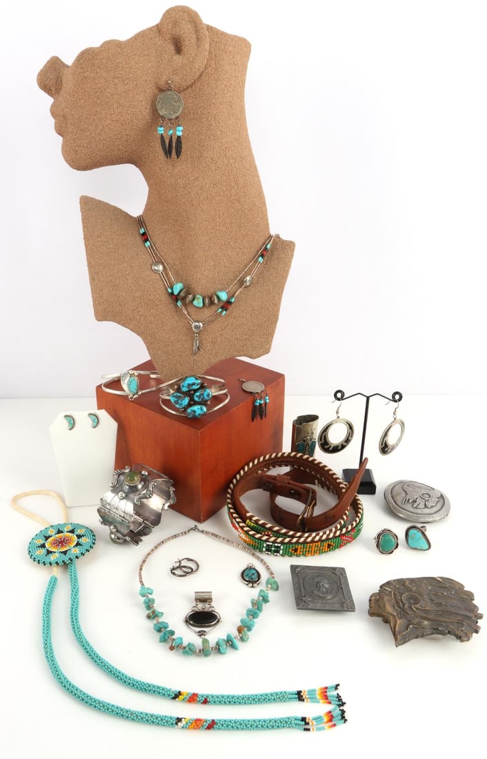 OLD PAWN NATIVE AMERICAN & SOUTHWESTERN JEWELRY: Vintage sterling silver, nickel silver, white metal, brass pieces with assorted natural stones including turquoise, coral and onyx. Beaded belt length 28-33 inches. Sterling silver weight 180 grams. A