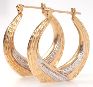 14KT WHITE AND YELLOW GOLD DIAMOND ETCHED HOOPS