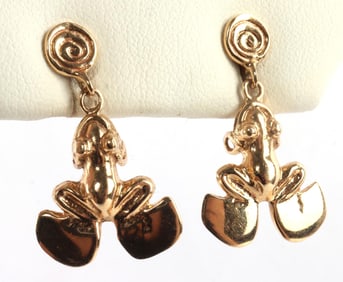14K YELLOW GOLD DROP STYLE FROG EARRINGS