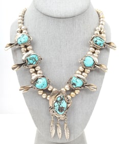 TURQUOISE COIN SILVER SQUASH BLOSSOM NECKLACE