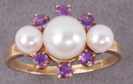 14K YELLOW GOLD PEARL AMETHYST RING SZ 8