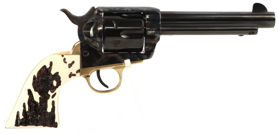 TAYLOR'S 1873 SA BRASS .45 SINGLE ACTION REVOLVER: Modern Pietta revolver distributed by Taylors & Co., brand new in original box with manual. Blue steel finish with two-piece Navy size imitation stag grip, brass backstrap and trigger guard. FFL requi