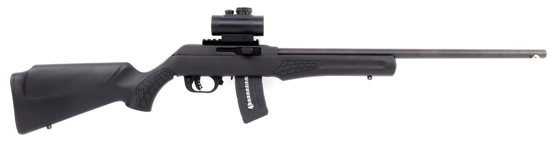 ROSSI RS22M .22 WMR SEMI AUTOMATIC RIFLE W SCOPE: Rossi, RS22M, .22 WMR, semi-automatic rifle with a scope and one magazine. Rifle features a 21 inch barrel, a rail mount with a HALO scope, a textured forend and grip with composite stock. Rifle shows