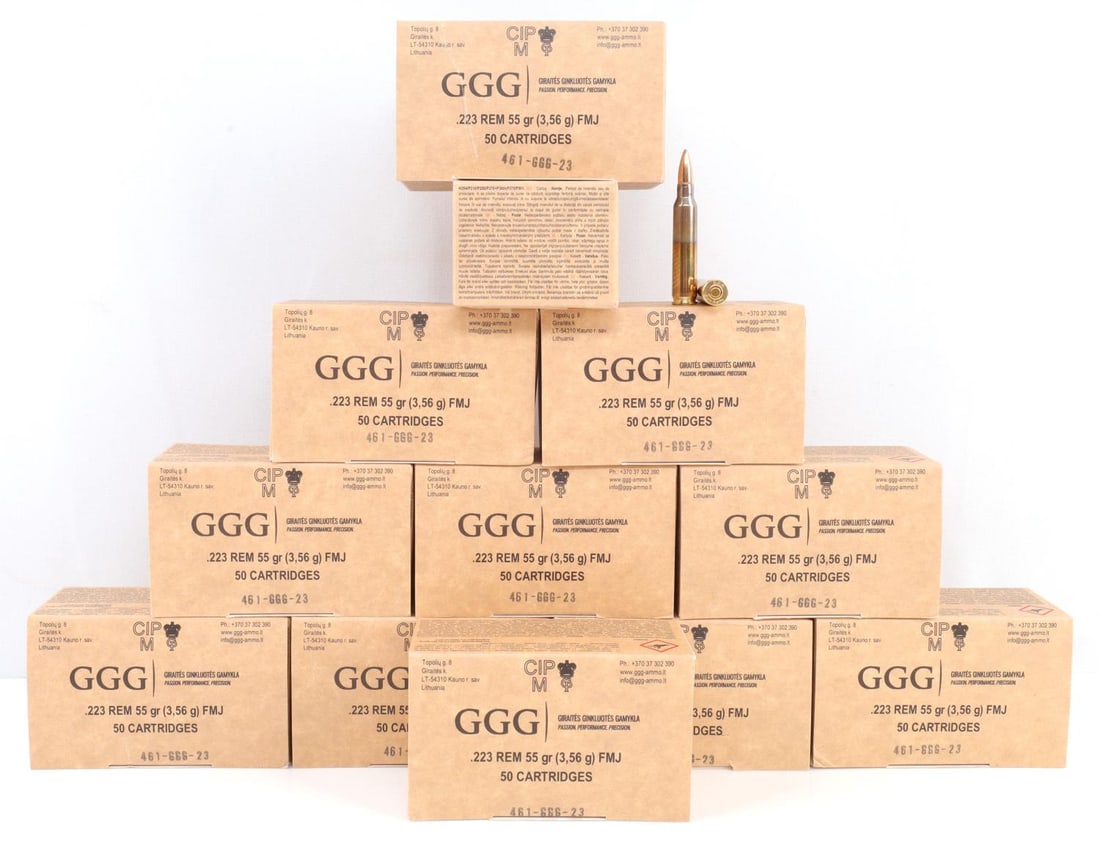 G.G.G. .223 AMMUNITION 55 GR FMJ 600 ROUNDS: 600 rounds of G.G.G. .223 55 grain FFMJ. 12 boxes, 50 rounds per for total of 600 rounds.