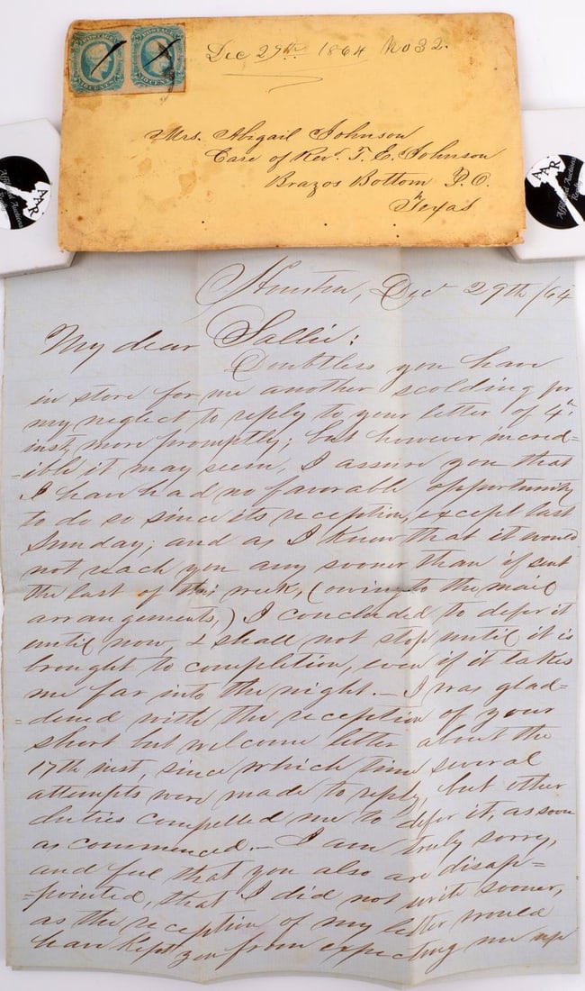 CONFEDERATE TEXAS COVER & LETTER HOUSTON 1864: Letter written to Abigail Johnson Brazos Bottom Texas, from her betrothed G.S. Sherman eith the 20th Infantry, he is serving under General Walker in Houston. Written over the Christmas holidays, very 
