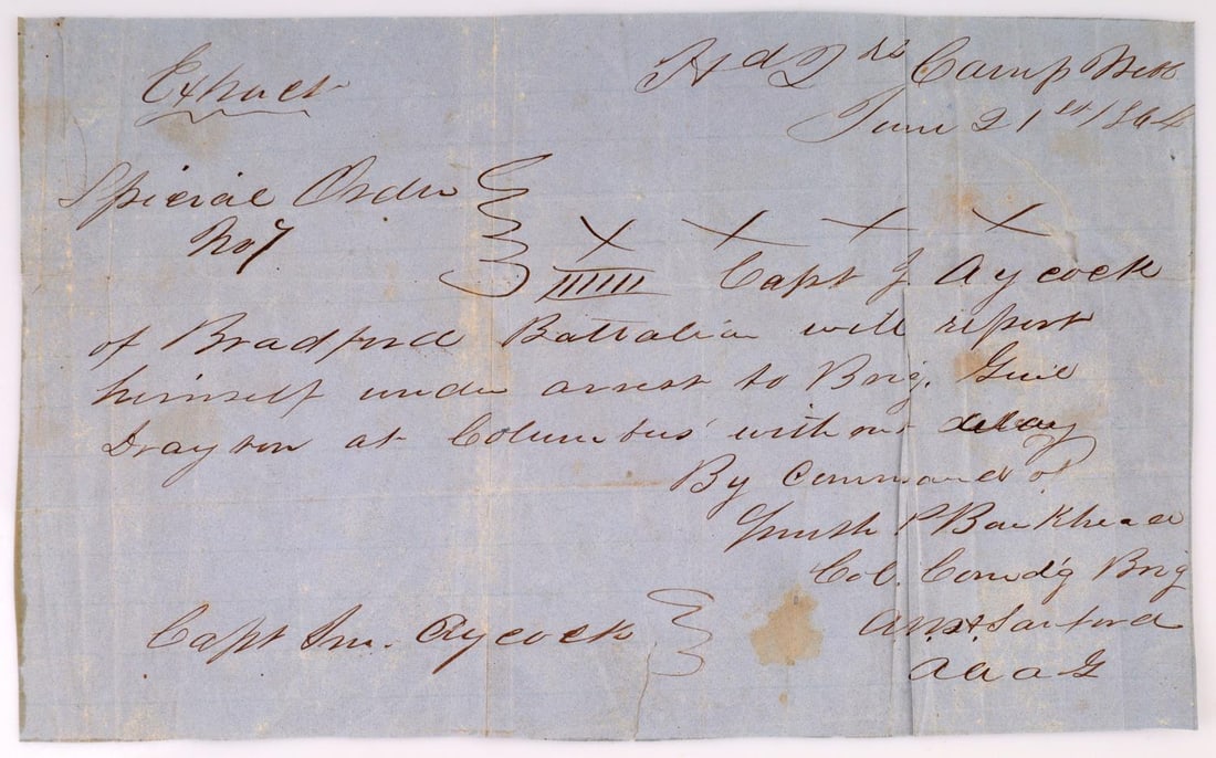 CAPT. JOHN AYCOCK BRADFORD BRIGADE TEXAS RANGERS: June 21st 1864 transfer of Captain Aycock from Bradford Brigade to Columbus. Aycock was discharged from Texas Rangers in 1862 due to illness and later fought with Greens Division in Louisiana, he died