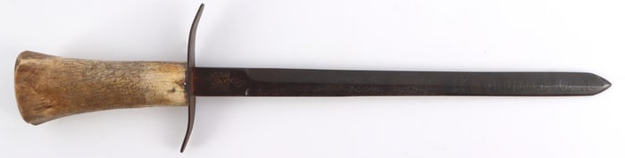 NAMED ENGRAVED FIGHTING KNIFE WITH BONE HANDLE
