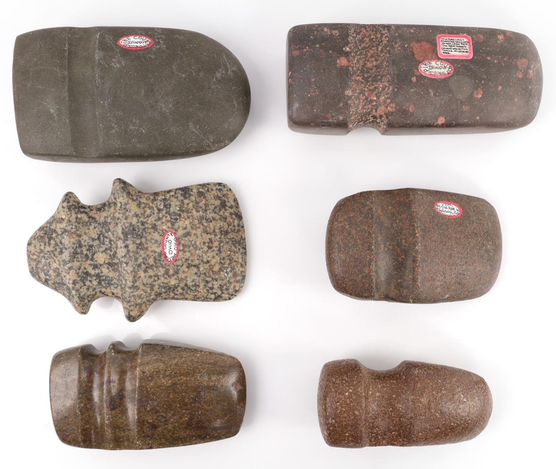 6 VINTAGE NATIVE AMERICAN GROOVED STONE AXE HEADS: Lot of six (6) Vintage Native American Grooved Axe heads. These stone axe heads were collected from Illinois and Ohio. Illinois counties include Pike, St. Clair, Madison, and Monroe. Only one is from