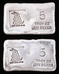 LOT OF 2 SILVER 5 0ZT DONT TREAD ON ME INGOT: Electronically tested, each bar 5 OZt total of 10 OZT