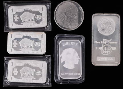 10 OZT .999 SILVER INGOT BAR ROUND LOT: Includes 5 OZT bar , 4 1 OZT ingots and a 1 OZT Indian round. All electronically tested. This lot has a reserve.