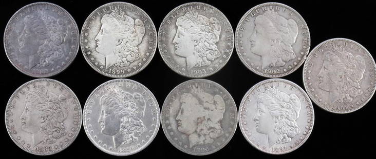 9 MIXED DATE MORGAN SILVER DOLLAR LOT: From circulation, mixture of early dates, no 1921's, electronically tested.