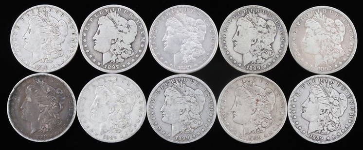 10 MORGAN SILVER DOLLAR COIN LOT ALL PRE 1900: From circulation G/VG all early dates