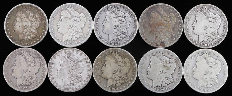 10 MORGAN SILVER DOLLAR COIN LOT PRE 1900 DATES: From circulation G/VG, all early dates. This lot has a reserve.