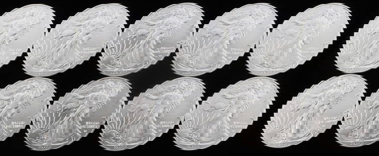 LOT OF 10 AMERICAN EAGLE 1 OZ SILVER COINS: Total of 10 troy ounces of electronically tested, U.S. silver dollar coins. This lot has a reserve.