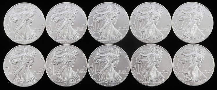 LOT OF 10 AMERICAN EAGLE 1 OZ SILVER COINS: Total of 10 troy ounces of electronically tested, U.S. silver dollar coins. This lot has a reserve.