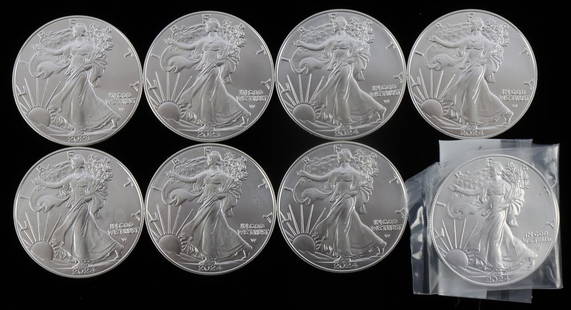 8 999 FINE 1 OZT SILVER AMERICAN EAGLE BU COIN LOT: Mixture of 2023 and 2024 brilliant uncirculated, electronically tested. This lot has a reserve.