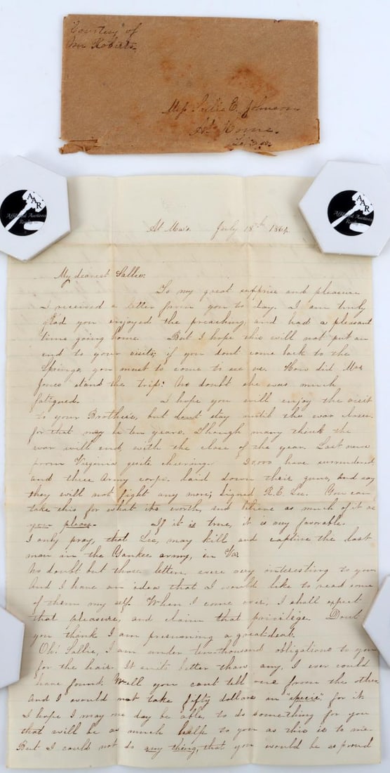 CONFEDERATE CIVIL WAR LETTER 20,000 SURRENDER: Hand delivered from Virginia to Sallie Johnson in Texas from her friend Jennie, she writes "last news from Virginia quite cheering. 20000 have surrendered and three army corps, laid down their guns an