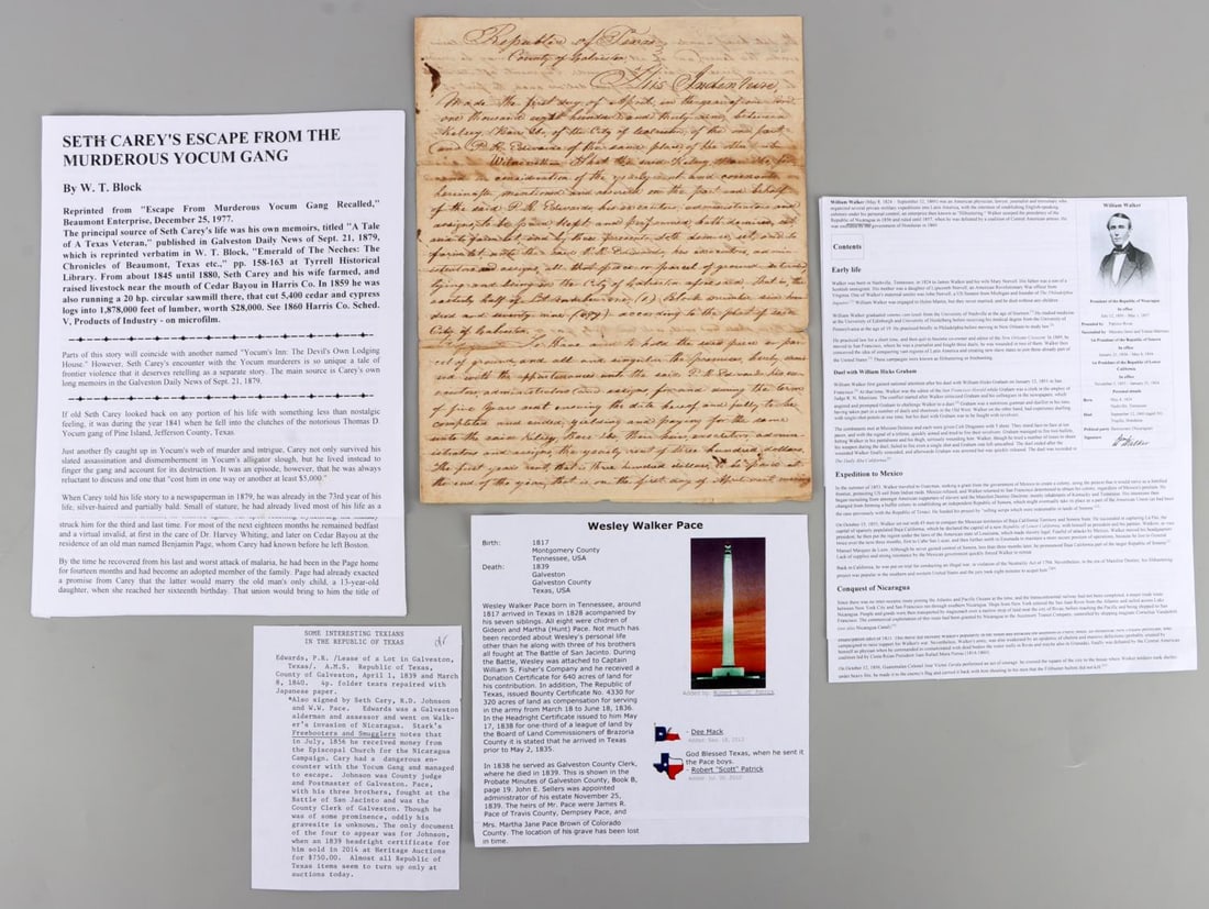 REPUBLIC OF TEXAS LEASE SIGNED BY FAMOUS TEXIANS: Land lease Republic of Texas, Galveston 1839 to 1840. Signers are Seth Cary, P.R Edwards, R.D. Johnson and W.W. Pace, Seth Carey was known for his escape from the Yocum Gang, Edwards a Galveston Alder