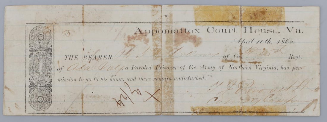 CIVIL WAR APPOMATTOX COURT HOUSE POW PAROLE PASS: Confederate April 10th 1865 POW , Paroled Prisoner of the Army of Northern Virginia, slip, other passes on reverse are added by hand en route.