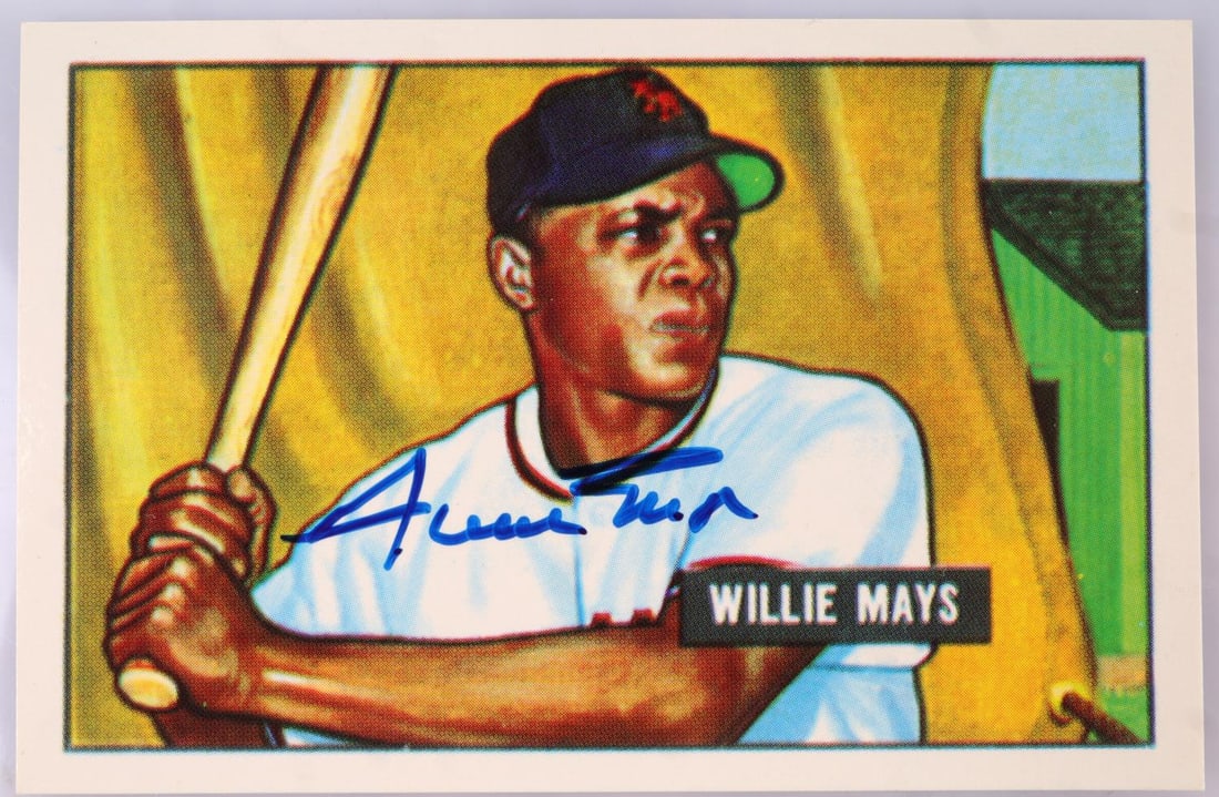 WILLIE MAYS 1986 CCC 1951 BOWMAN AUTO 835/1951: Willie Mays autographed 1986 CCC 1951 Bowman reprint. Good condition. 835 of 1951. Unauthenticated.