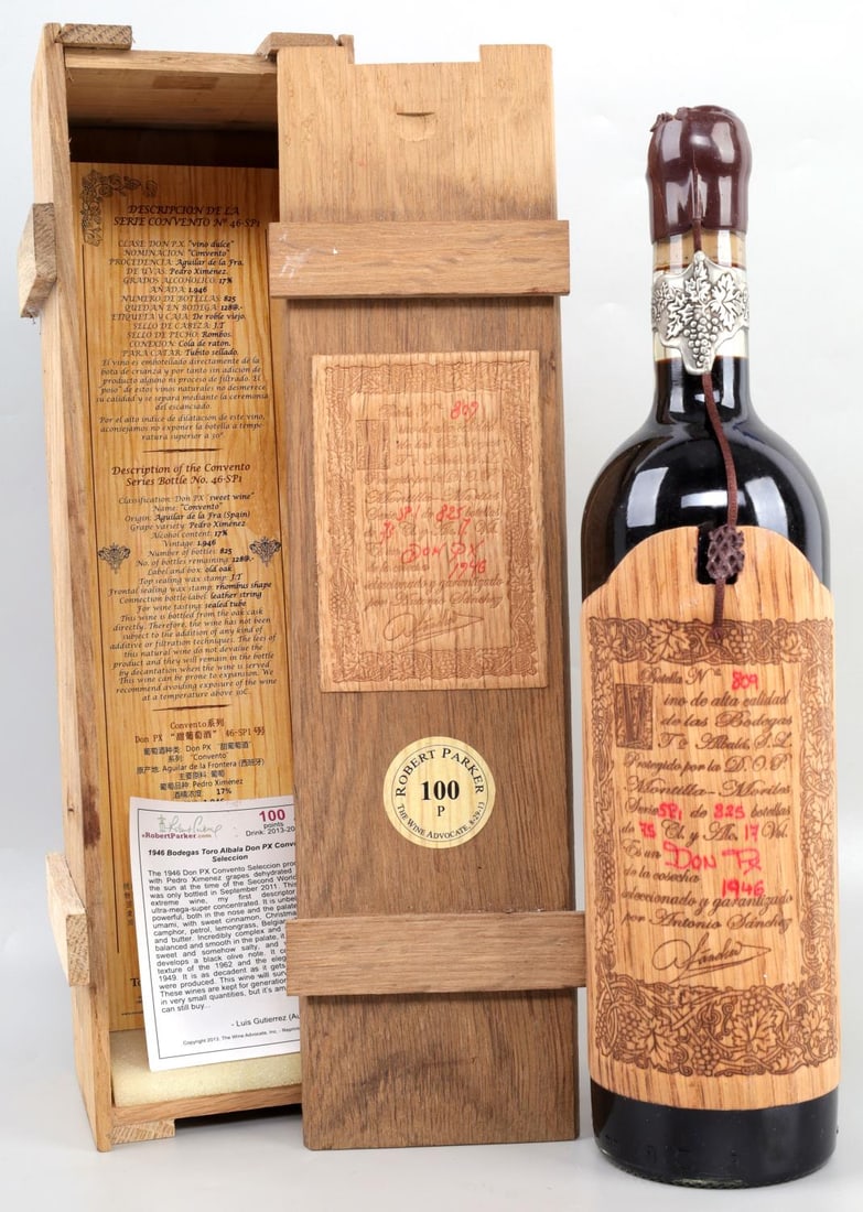 100 P TORO ALBALA MONTILLA MORILES DON PX 1946: Bottled in 2011. Numbered wooden box and bottle. High fill ullage. Damaged closure / finish. Possible seepage. Sold "as photographed". 750ml. BTX9 333386.