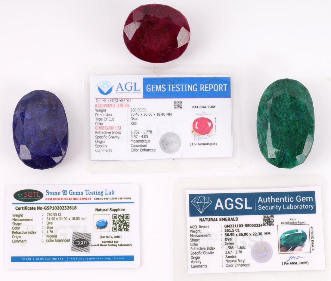 351 CARAT EMERALD 290 CT BLUE SAPHIRE 280 CT RUBY: Each stone has COA. This lot has a reserve.