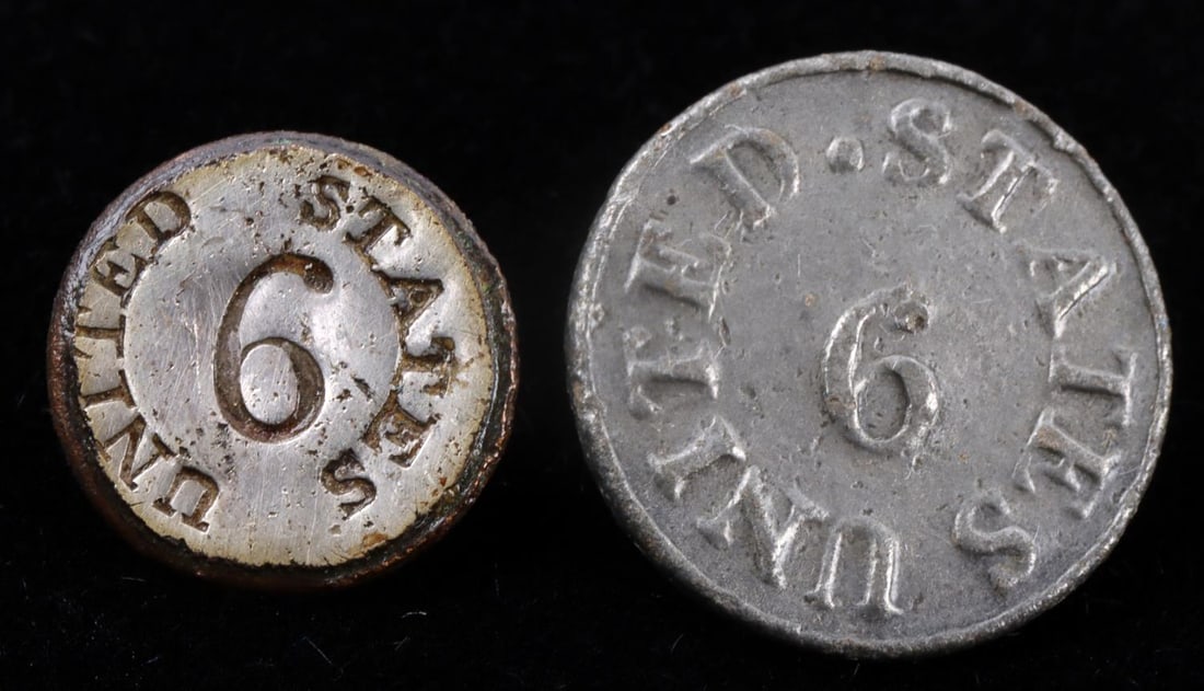 2 1798 UNITED STATES 9TH INFANTRY REGIMENT BUTTON: Coat button and vest button, coat is one piece pewter 20 mm, vest has a replaced shank 16 mm, Albert's GI 28 R 9, RV for coat is RV 35 , vest is RV 20. Extremely fine examples, non dug. From the lifet