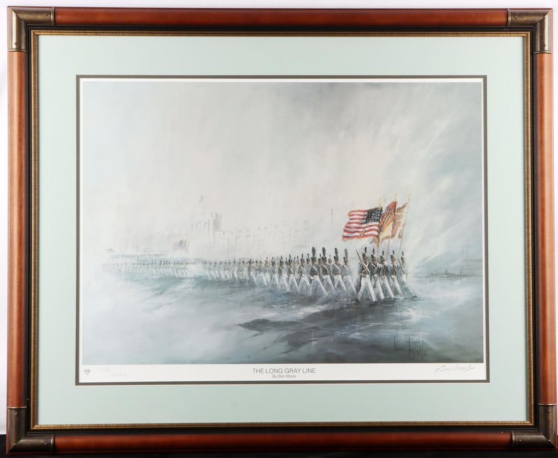 BEN MAILE LITHO THE LONG GRAY LINE FRAMED WITH COA: The Long Gray Line by Ben Maile Limited Edition Print Signed Numbered West Point 558/2337 This piece is hand signed and numbered by the artist Ben Maile. It depicts a continuous corps of cadets passin