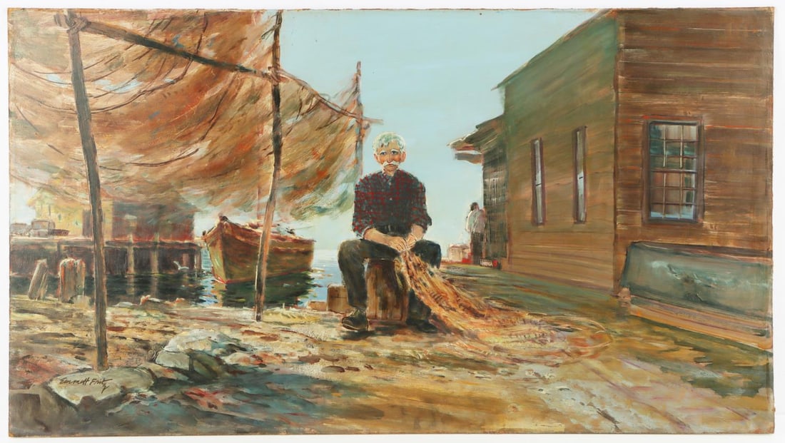 ORIGINAL EMMETT FRITZ APALACHICOLA PAINTING: Fritz, Emmett (1917-1995) Painting. Oil on Canvas Board. 30 X 15 inches. Emmett Fritz was born John Emmett Fritz October 13, 1917 in Kansas City and died in Florida on November 29, 1995. He studied at