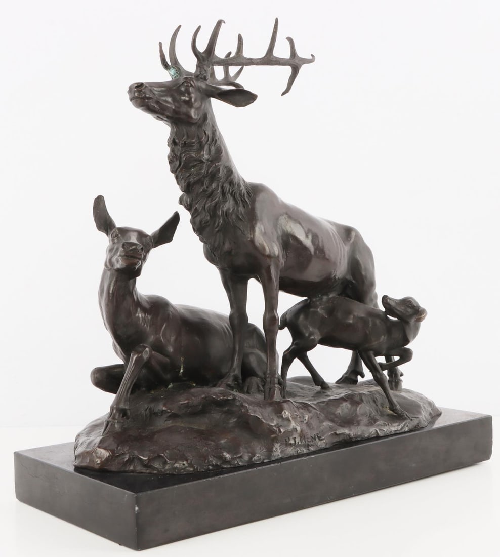 PIERRE JULES MEME BRONZE ELK STAG FAMILY: Signed P.J. Memes, very good original condition. All bronze, not cast. Measures 15 X 15.5 inches.