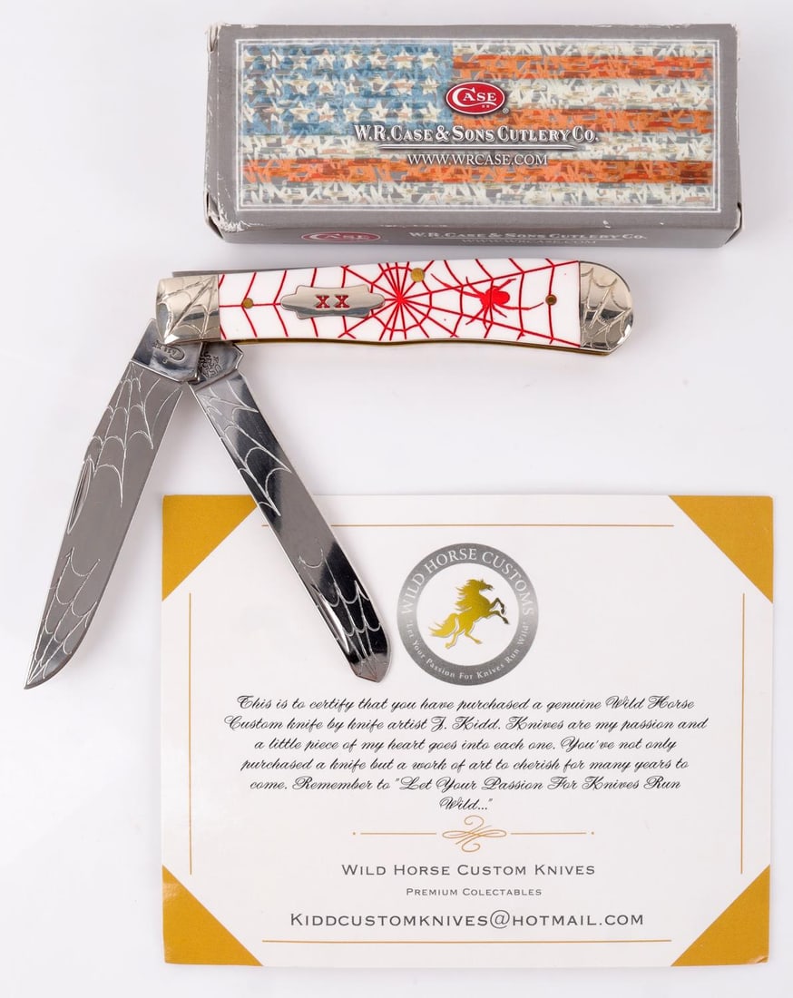 CASE XX WILD HORSE CUSTOM RED WIDOW KNIFE WITH COA: Joshua Kidd Wild Horse Custom edition of Case XX 4254 Trapper two-blade stainless steel knife. Red Edition Black Widow Spider. Web engraving on blades and handle. Closed, 4 inches. Open, 7.5 inches. I