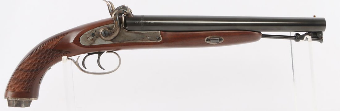 DAVIDE PEDERSOLI HOWDAH DOUBLE BARREL SHOTGUN: Percussion Pedersoli double barrel percussion Howdah shotgun with Pedersoli Howdah shoulder stock. Bore clear, some finish loss. Mechanically very good, functions without issue. Barrels measure 10 1/4