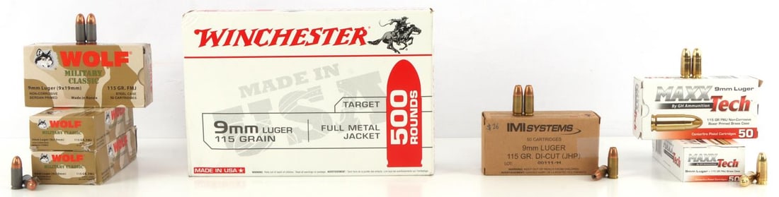 800 ROUNDS OF 9MM LUGER 115 GRAIN AMMUNITION: Eight-hundred (800) rounds of 9mm Luger, 115 grain, full metal jacket ammunition. Lot features five-hundred rounds of Winchester, fifty rounds of IMI Systems, one-hundred and fifty rounds of Wolf Mili