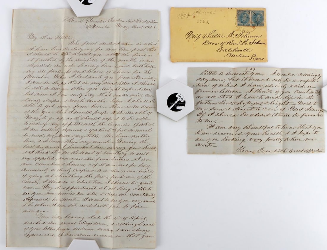 CONFEDERATE TEXAS COVER & LETTER GENERAL SCURRY: Upper left of cover" May 2nd 1863 No. 8." Very readable and lengthy letter and stamp cover Written to Miss Sallie Johnson in Burleson, Texas, from her betrothed S.G. Sherman stationed at Head Quarters