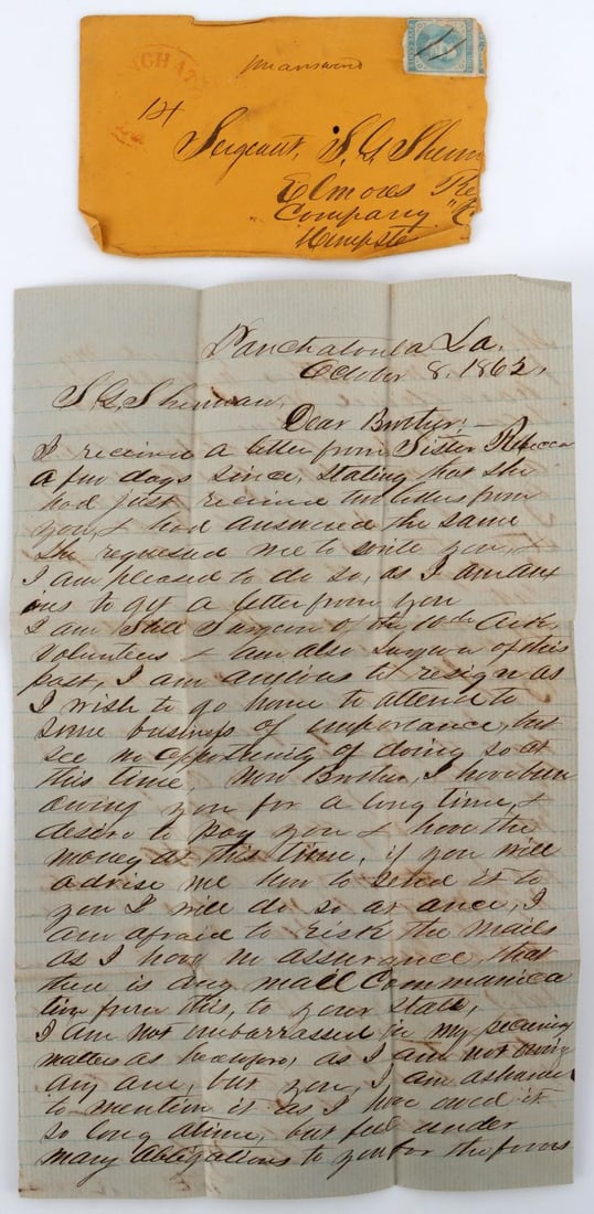 CONFEDERATE LETTER & COVER 10TH ARKANSAS VOLUNTEER: Letter written from Ponchatoula , La.. October 8, 1862. From Sgt. S.G. Sherman to his brother, discussing a long time debt he is now able to pay, having served in the CSA for 14 Months, legible and ve