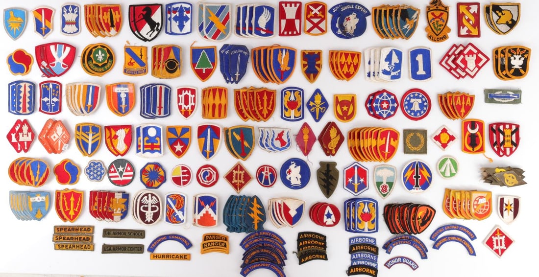 250 WWII US ARMY AIR FORCE & INFANTRY DIVISION LOT: Lot of approx. two-hundred and fifty(250) WWII United States Armed Forces patches for the US Army Air Force, Armored, Cavalry, and various infantry divisions. Patches include Ranger, 101st Airborne, 1